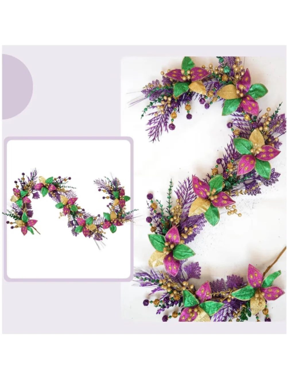 NEW 60” Mardi Gras Glitter Garland Purple Gold Green Poinsettia Flower